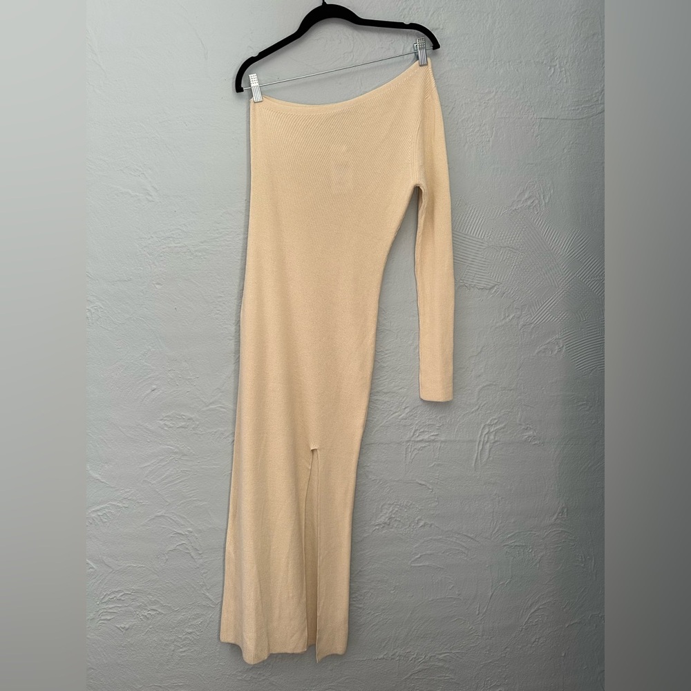 Mango Cream One Sleeve Midi Knit Dress With Slit